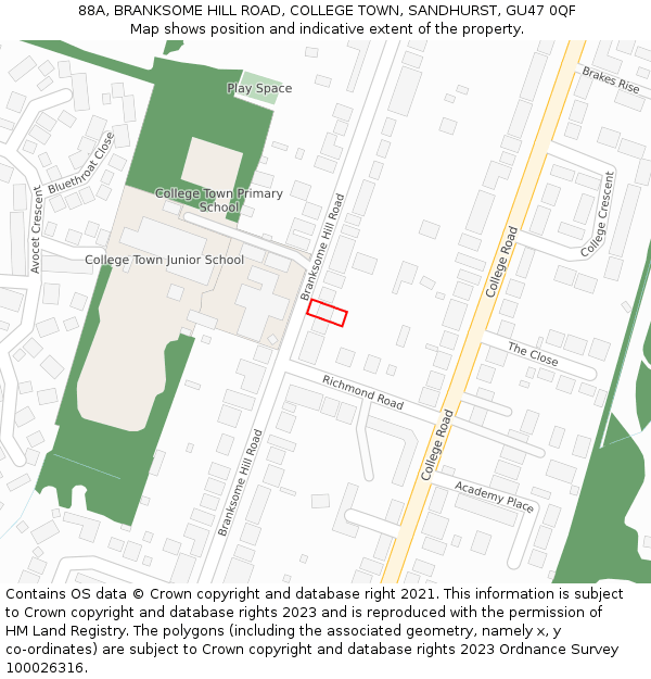88A, BRANKSOME HILL ROAD, COLLEGE TOWN, SANDHURST, GU47 0QF: Location map and indicative extent of plot
