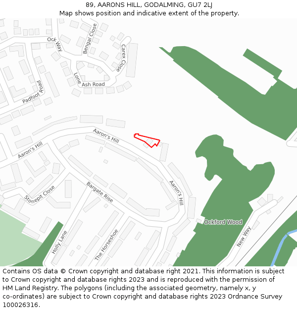 89, AARONS HILL, GODALMING, GU7 2LJ: Location map and indicative extent of plot