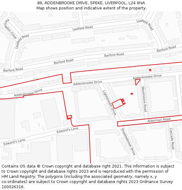 89, ADDENBROOKE DRIVE, SPEKE, LIVERPOOL, L24 9NA: Location map and indicative extent of plot