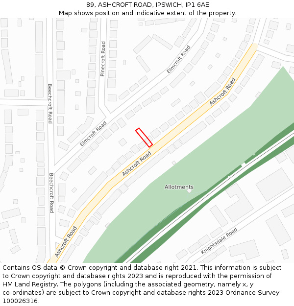 89, ASHCROFT ROAD, IPSWICH, IP1 6AE: Location map and indicative extent of plot