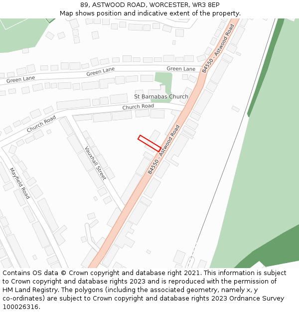 89, ASTWOOD ROAD, WORCESTER, WR3 8EP: Location map and indicative extent of plot