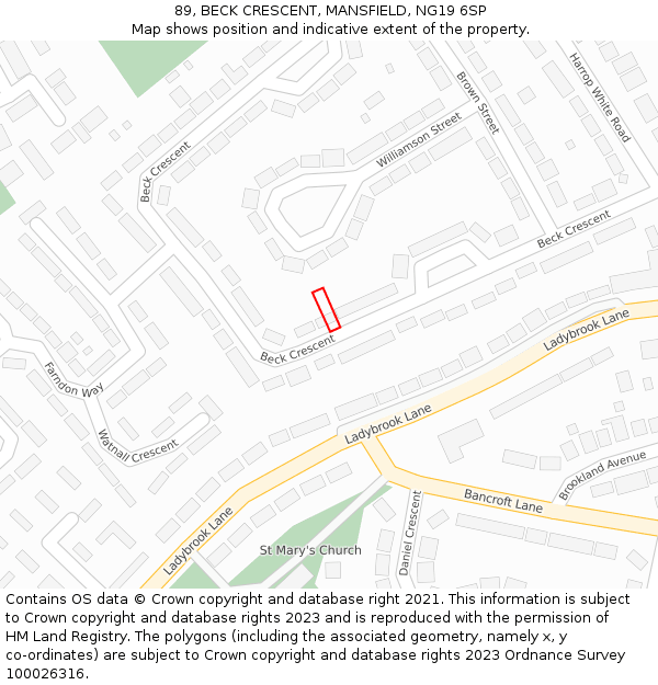89, BECK CRESCENT, MANSFIELD, NG19 6SP: Location map and indicative extent of plot