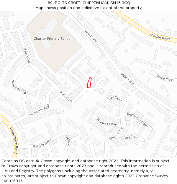 89, BOLTS CROFT, CHIPPENHAM, SN15 3GQ: Location map and indicative extent of plot