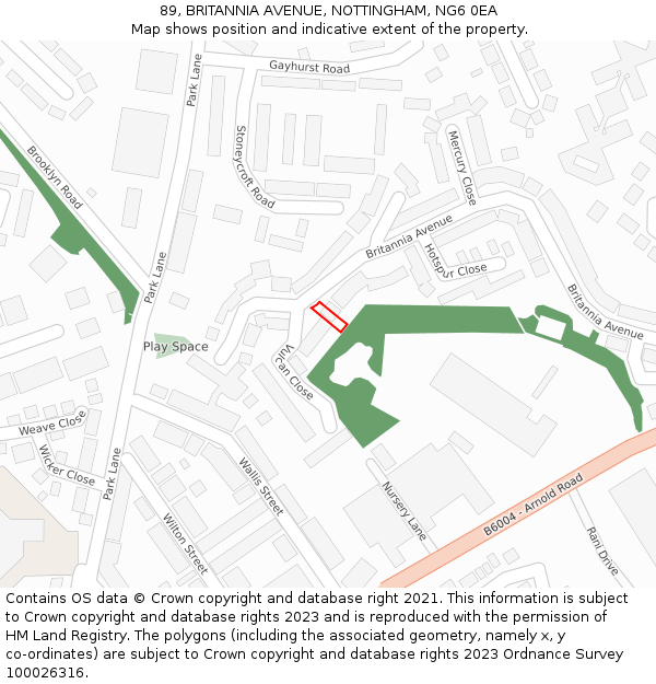89, BRITANNIA AVENUE, NOTTINGHAM, NG6 0EA: Location map and indicative extent of plot