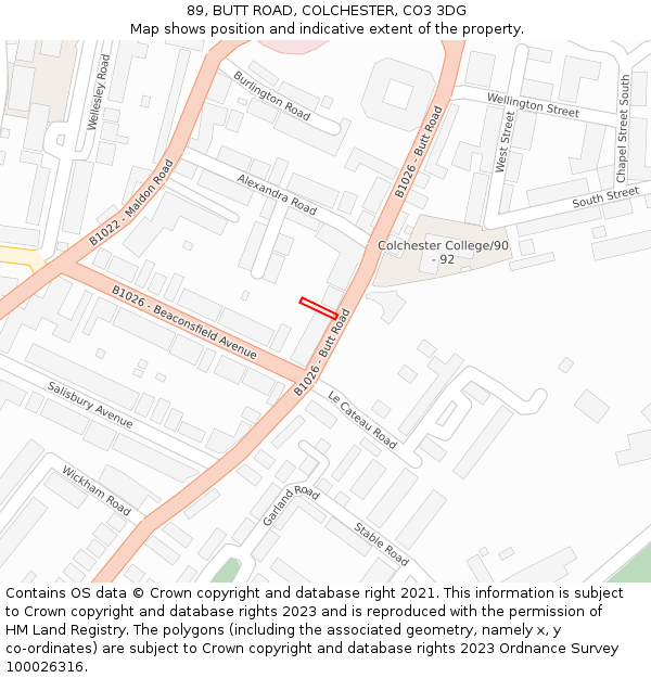 89, BUTT ROAD, COLCHESTER, CO3 3DG: Location map and indicative extent of plot