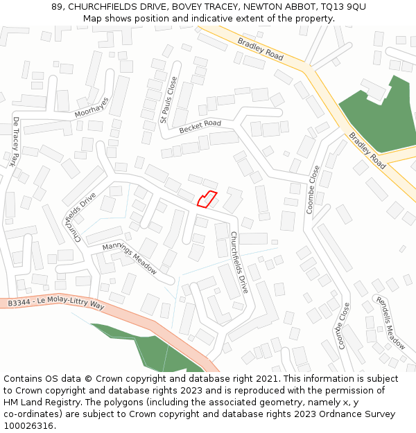 89, CHURCHFIELDS DRIVE, BOVEY TRACEY, NEWTON ABBOT, TQ13 9QU: Location map and indicative extent of plot