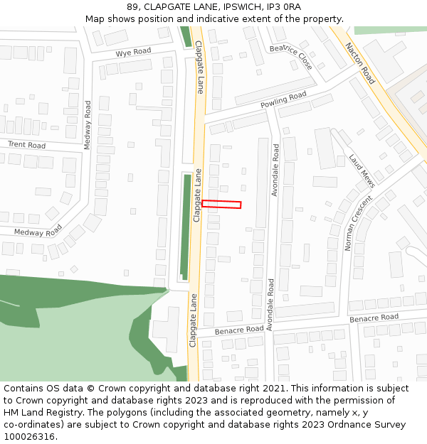 89, CLAPGATE LANE, IPSWICH, IP3 0RA: Location map and indicative extent of plot