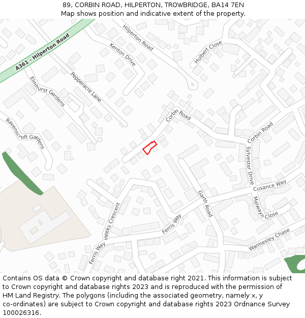 89, CORBIN ROAD, HILPERTON, TROWBRIDGE, BA14 7EN: Location map and indicative extent of plot