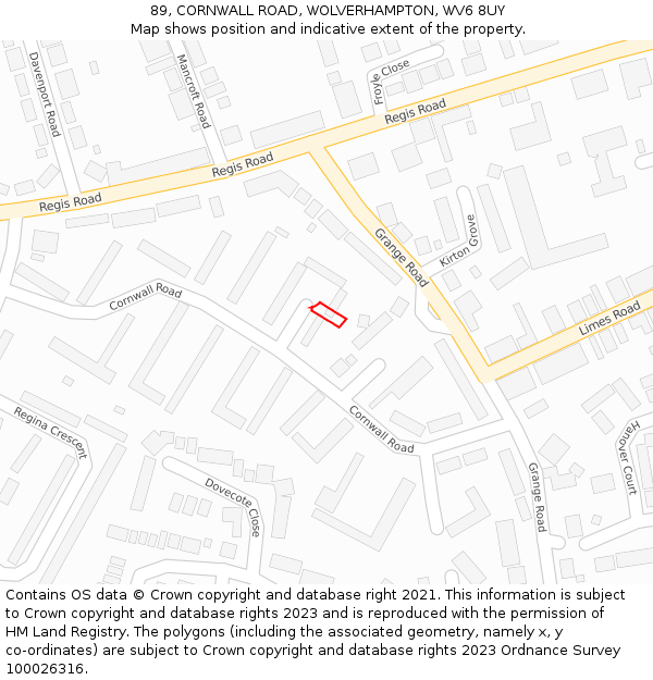 89, CORNWALL ROAD, WOLVERHAMPTON, WV6 8UY: Location map and indicative extent of plot
