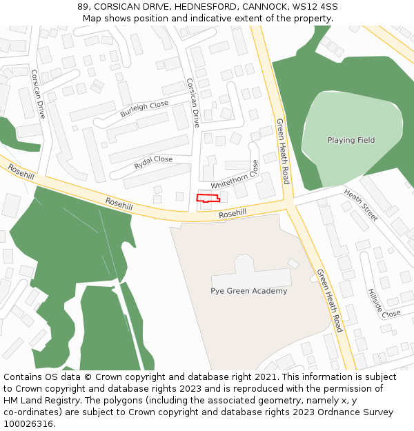 89, CORSICAN DRIVE, HEDNESFORD, CANNOCK, WS12 4SS: Location map and indicative extent of plot