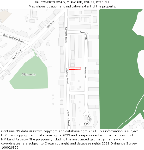 89, COVERTS ROAD, CLAYGATE, ESHER, KT10 0LL: Location map and indicative extent of plot