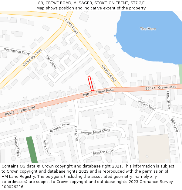 89, CREWE ROAD, ALSAGER, STOKE-ON-TRENT, ST7 2JE: Location map and indicative extent of plot