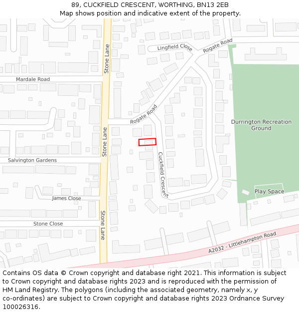 89, CUCKFIELD CRESCENT, WORTHING, BN13 2EB: Location map and indicative extent of plot