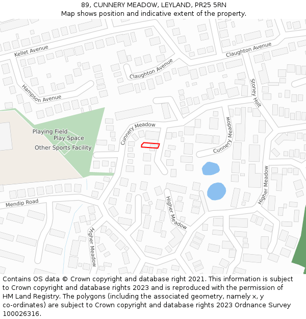 89, CUNNERY MEADOW, LEYLAND, PR25 5RN: Location map and indicative extent of plot