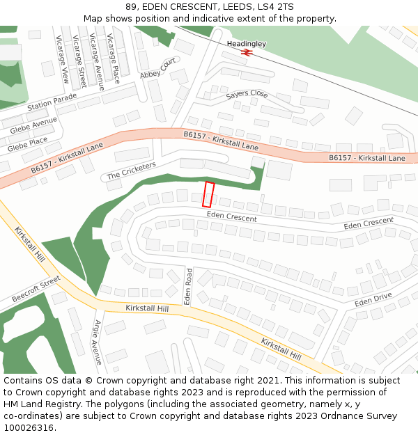 89, EDEN CRESCENT, LEEDS, LS4 2TS: Location map and indicative extent of plot