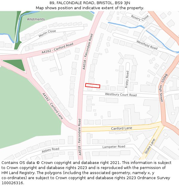 89, FALCONDALE ROAD, BRISTOL, BS9 3JN: Location map and indicative extent of plot