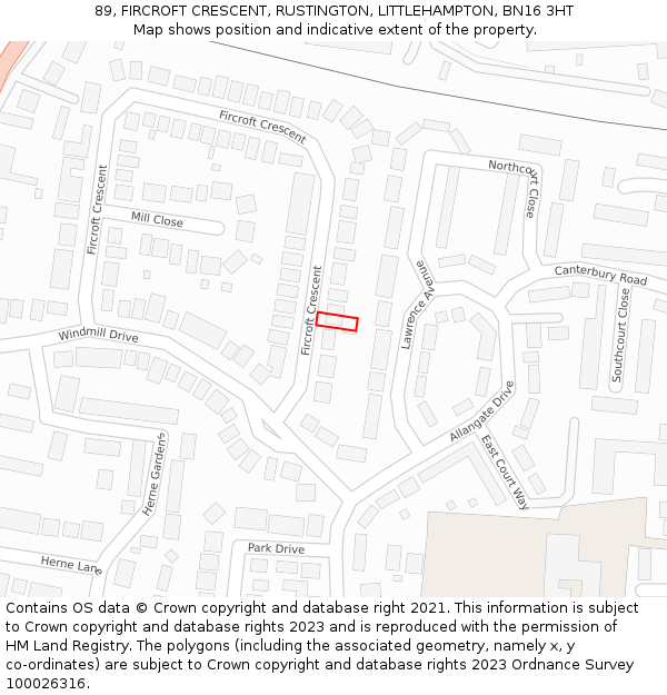 89, FIRCROFT CRESCENT, RUSTINGTON, LITTLEHAMPTON, BN16 3HT: Location map and indicative extent of plot