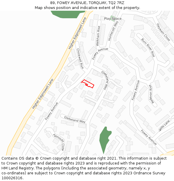 89, FOWEY AVENUE, TORQUAY, TQ2 7RZ: Location map and indicative extent of plot