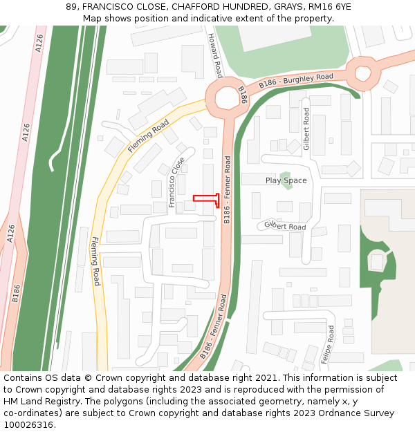 89, FRANCISCO CLOSE, CHAFFORD HUNDRED, GRAYS, RM16 6YE: Location map and indicative extent of plot