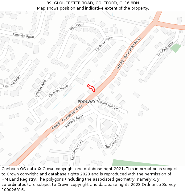 89, GLOUCESTER ROAD, COLEFORD, GL16 8BN: Location map and indicative extent of plot