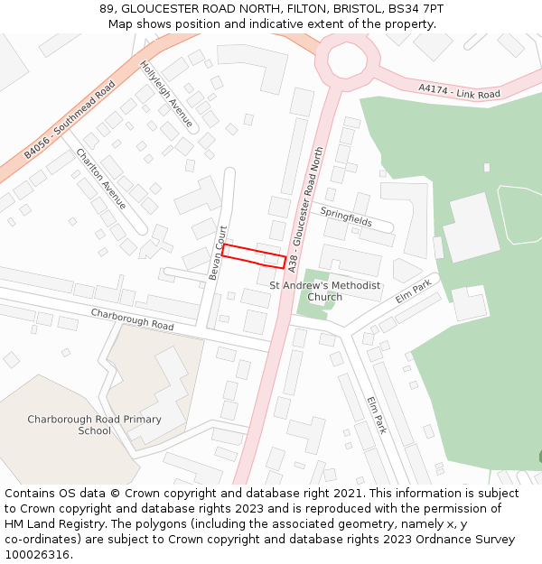 89, GLOUCESTER ROAD NORTH, FILTON, BRISTOL, BS34 7PT: Location map and indicative extent of plot