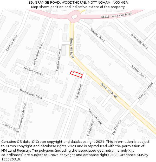 89, GRANGE ROAD, WOODTHORPE, NOTTINGHAM, NG5 4GA: Location map and indicative extent of plot