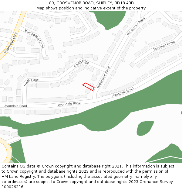 89, GROSVENOR ROAD, SHIPLEY, BD18 4RB: Location map and indicative extent of plot