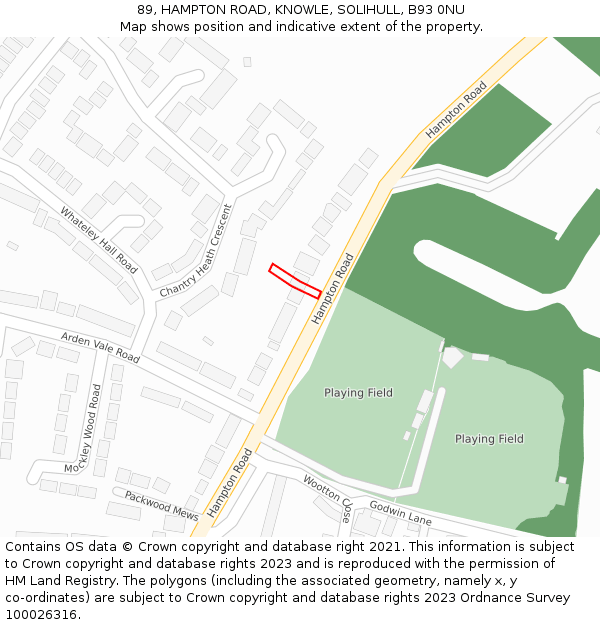 89, HAMPTON ROAD, KNOWLE, SOLIHULL, B93 0NU: Location map and indicative extent of plot