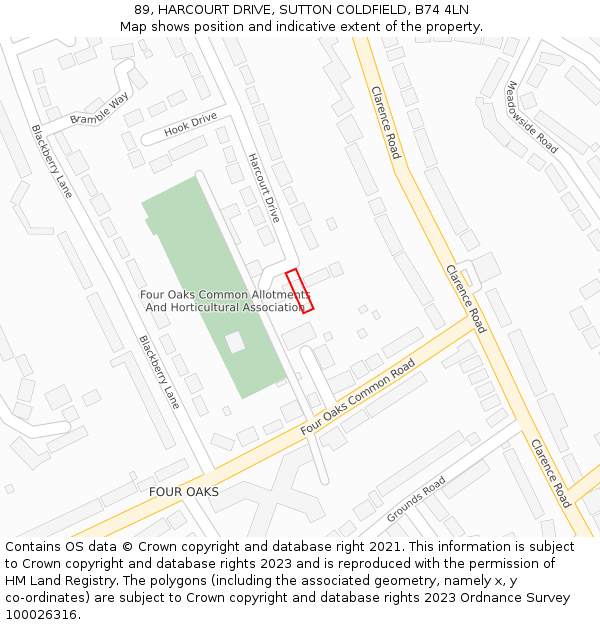 89, HARCOURT DRIVE, SUTTON COLDFIELD, B74 4LN: Location map and indicative extent of plot