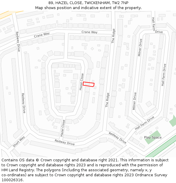 89, HAZEL CLOSE, TWICKENHAM, TW2 7NP: Location map and indicative extent of plot
