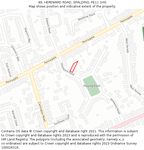 89, HEREWARD ROAD, SPALDING, PE11 1HG: Location map and indicative extent of plot