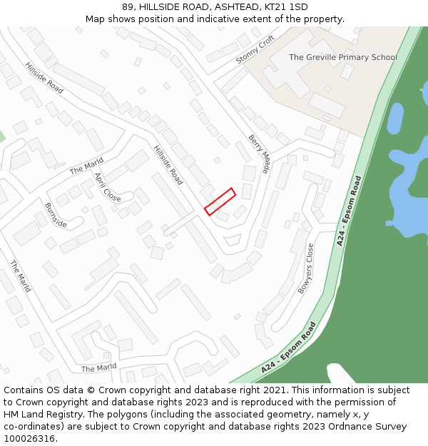 89, HILLSIDE ROAD, ASHTEAD, KT21 1SD: Location map and indicative extent of plot