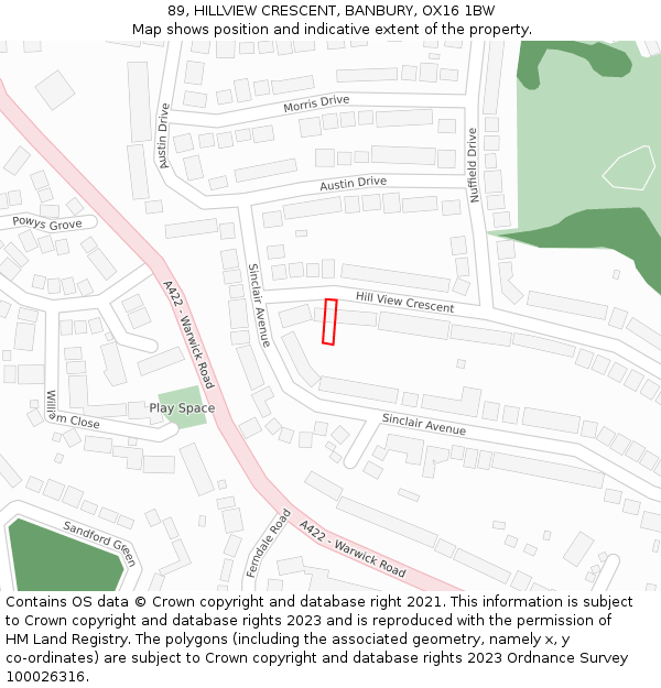 89, HILLVIEW CRESCENT, BANBURY, OX16 1BW: Location map and indicative extent of plot