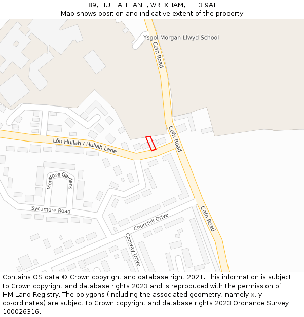 89, HULLAH LANE, WREXHAM, LL13 9AT: Location map and indicative extent of plot