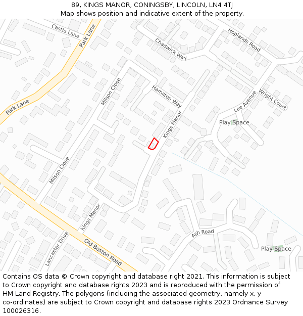 89, KINGS MANOR, CONINGSBY, LINCOLN, LN4 4TJ: Location map and indicative extent of plot