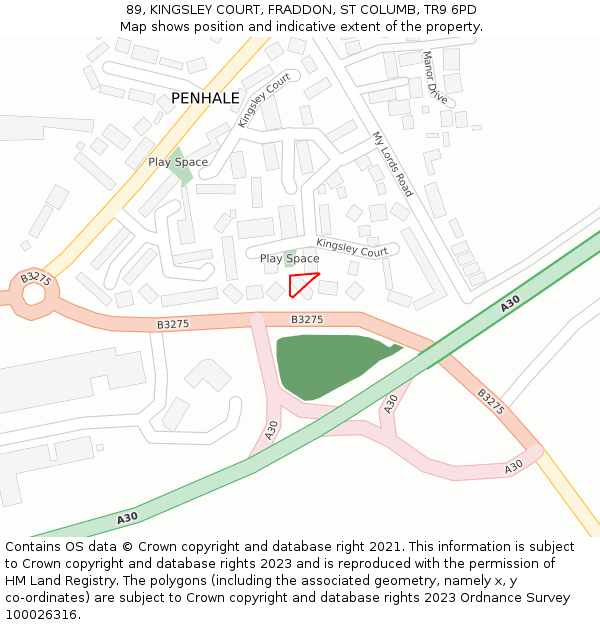 89, KINGSLEY COURT, FRADDON, ST COLUMB, TR9 6PD: Location map and indicative extent of plot