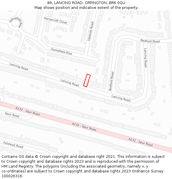 89, LANCING ROAD, ORPINGTON, BR6 0QU: Location map and indicative extent of plot