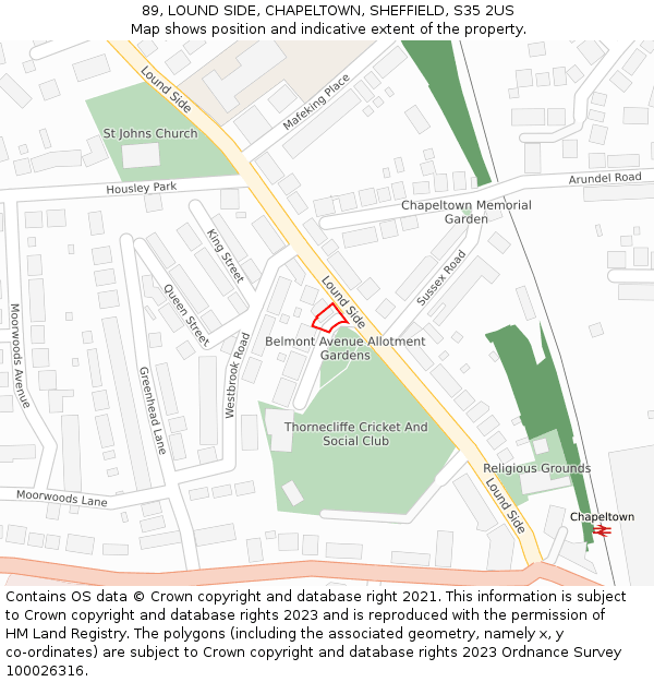 89, LOUND SIDE, CHAPELTOWN, SHEFFIELD, S35 2US: Location map and indicative extent of plot