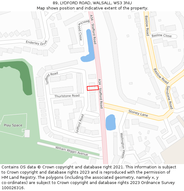 89, LYDFORD ROAD, WALSALL, WS3 3NU: Location map and indicative extent of plot