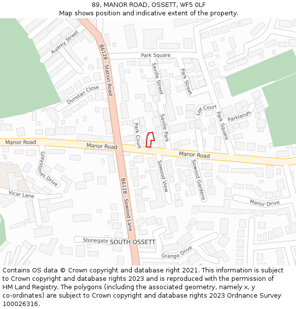 89, MANOR ROAD, OSSETT, WF5 0LF: Location map and indicative extent of plot