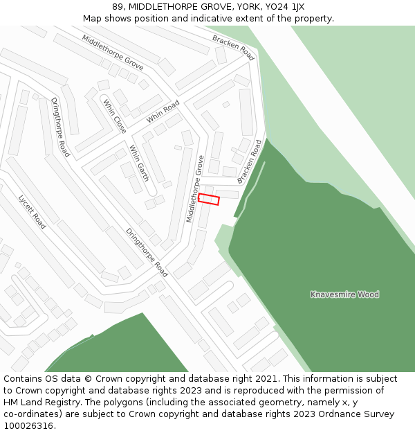 89, MIDDLETHORPE GROVE, YORK, YO24 1JX: Location map and indicative extent of plot
