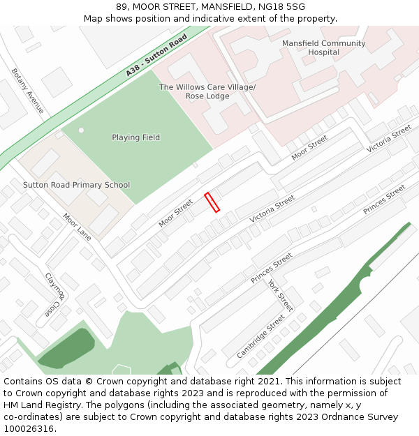 89, MOOR STREET, MANSFIELD, NG18 5SG: Location map and indicative extent of plot