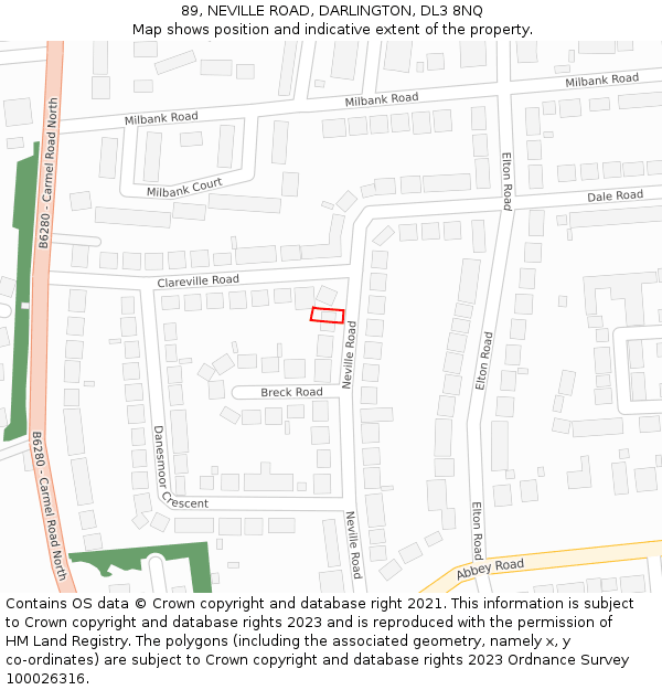 89, NEVILLE ROAD, DARLINGTON, DL3 8NQ: Location map and indicative extent of plot