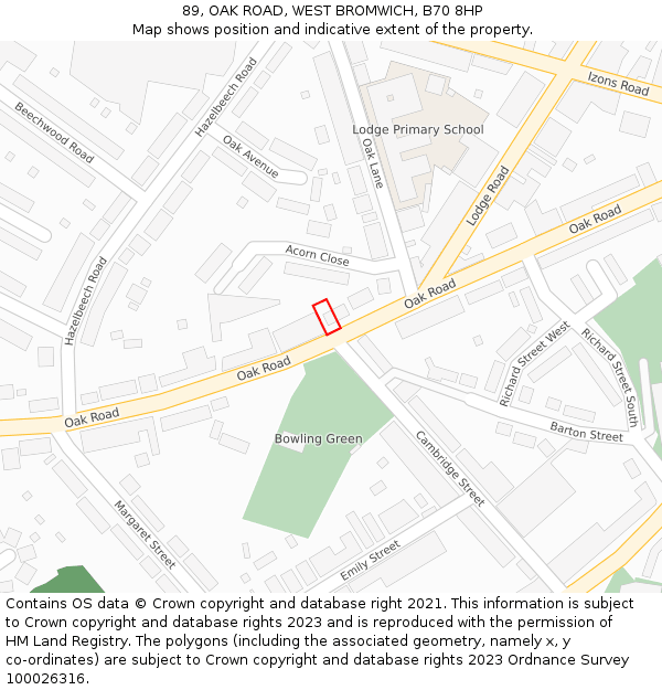 89, OAK ROAD, WEST BROMWICH, B70 8HP: Location map and indicative extent of plot