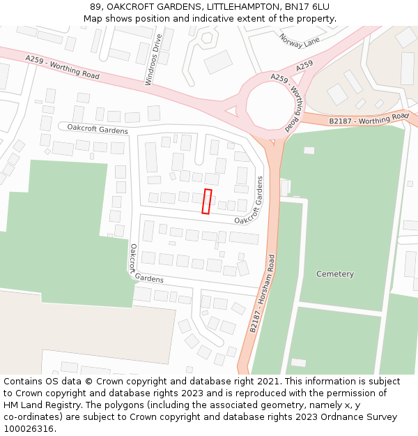 89, OAKCROFT GARDENS, LITTLEHAMPTON, BN17 6LU: Location map and indicative extent of plot