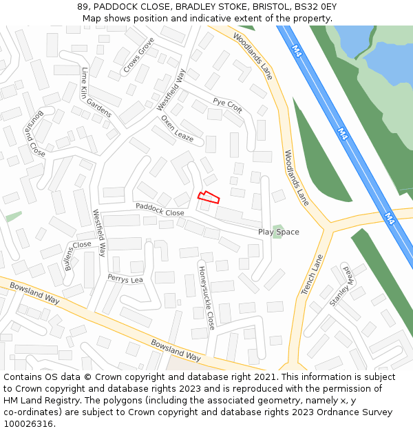 89, PADDOCK CLOSE, BRADLEY STOKE, BRISTOL, BS32 0EY: Location map and indicative extent of plot
