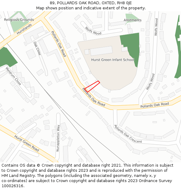 89, POLLARDS OAK ROAD, OXTED, RH8 0JE: Location map and indicative extent of plot