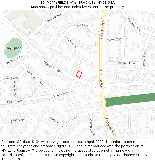 89, POPPYFIELDS WAY, BRACKLEY, NN13 6GA: Location map and indicative extent of plot