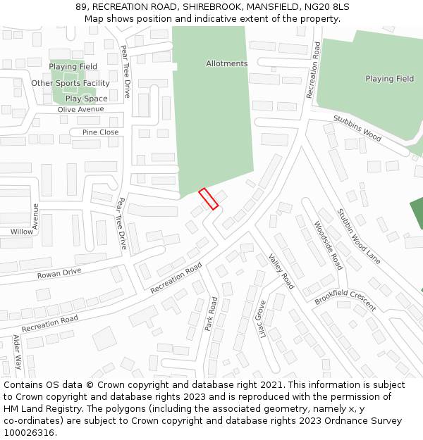 89, RECREATION ROAD, SHIREBROOK, MANSFIELD, NG20 8LS: Location map and indicative extent of plot