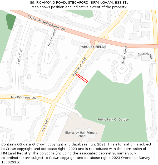 89, RICHMOND ROAD, STECHFORD, BIRMINGHAM, B33 8TL: Location map and indicative extent of plot